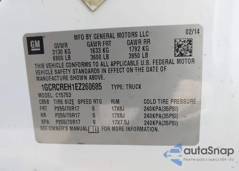 2014 Chevrolet Silverado 1500Hd z USA, uszkodzony, nr VIN 1GCRCRE81EZ260685